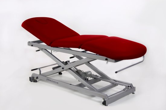 CE-0137-RPC Table électrique économique en 3 plans avec châssis à ciseaux, cyphose et roulettes.